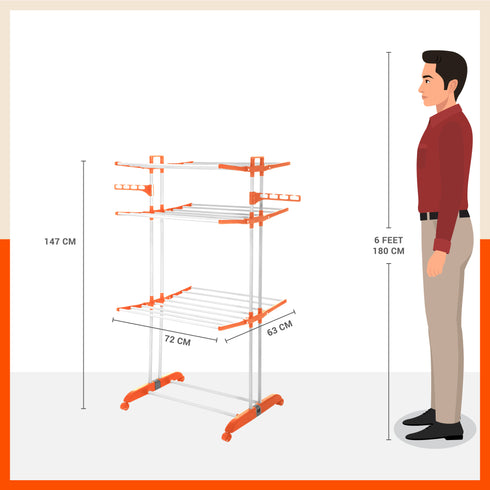 Bathla Mobidry Terra 3 Level Steel Modular Cloth Drying Stand For Home (Orange - Large) Made in India